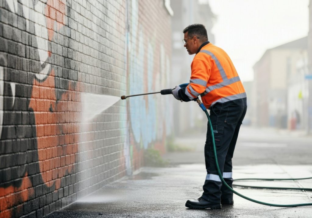 Pressure Washing Graffiti on Brick Wall