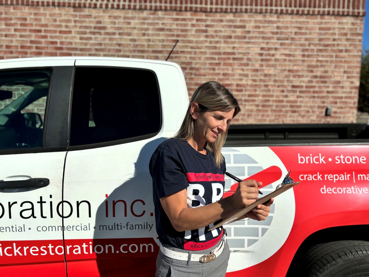 Brick Restoration Specialist Consultation With Truck